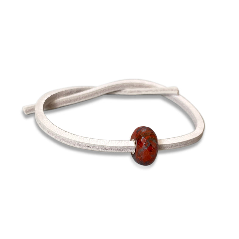 Red Chalcedony with Hematite Bead Single Leather Bracelet White