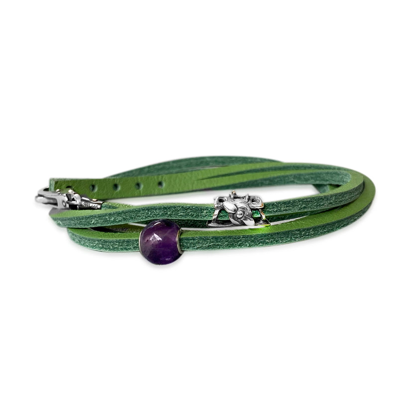 Round Amethyst Leather Bracelet Green/Silver