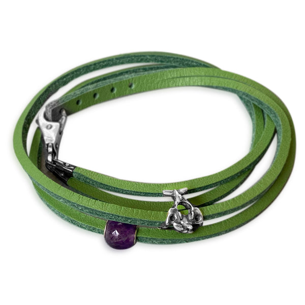Round Amethyst Leather Bracelet Green/Silver
