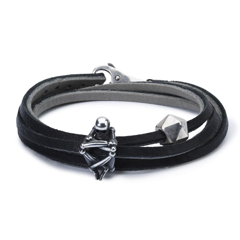 Leather Bracelet Black/Grey with Sterling Silver Beads and 