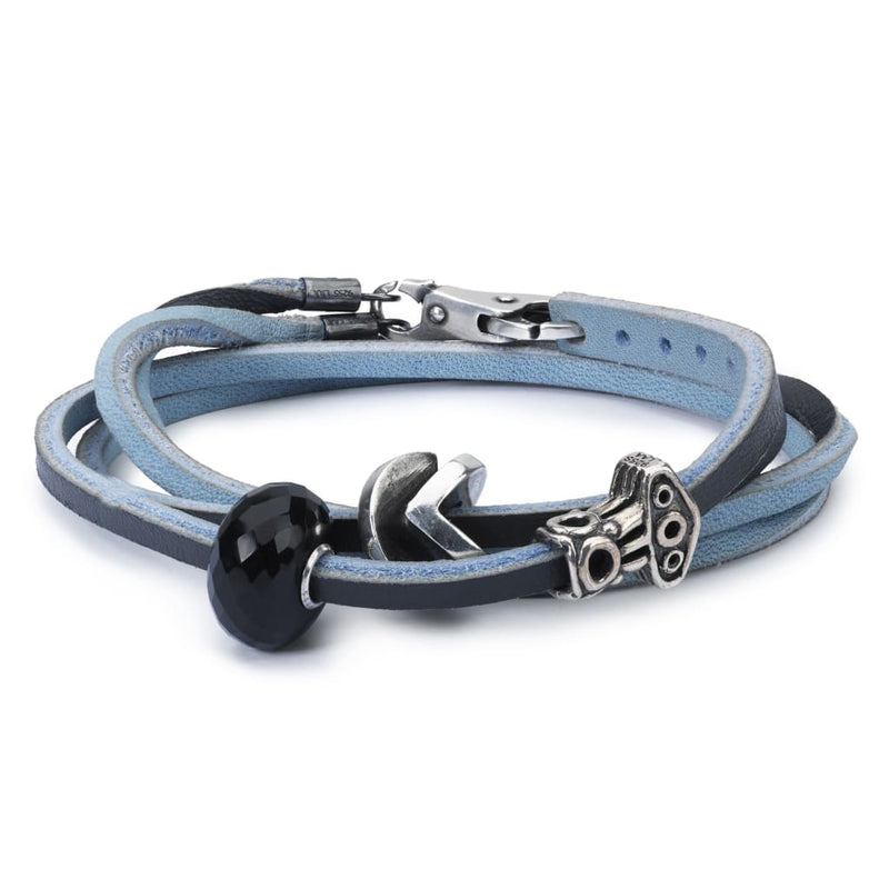 Leather Bracelet Light Blue/Dark Grey with Black Onyx and 